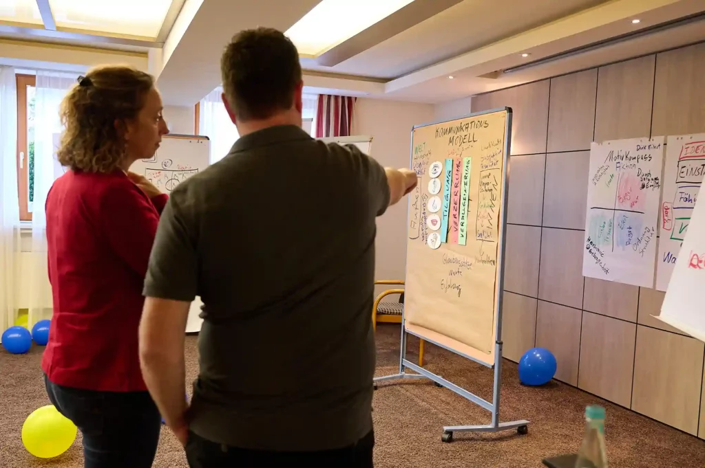Ein Mann und eine Frau präsentieren etwas neben einem Flipchart bei einem Live-Seminar